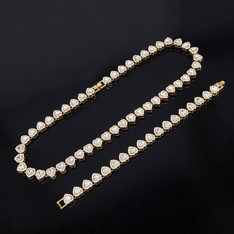 2025 Novo Colar Pulseira Luxuoso Brilhante Coração 45CM Strass Corrente Tênis para Mulheres Homens Presente Joias
