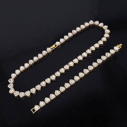 2025 Novo Colar Pulseira Luxuoso Brilhante Coração 45CM Strass Corrente Tênis para Mulheres Homens Presente Joias