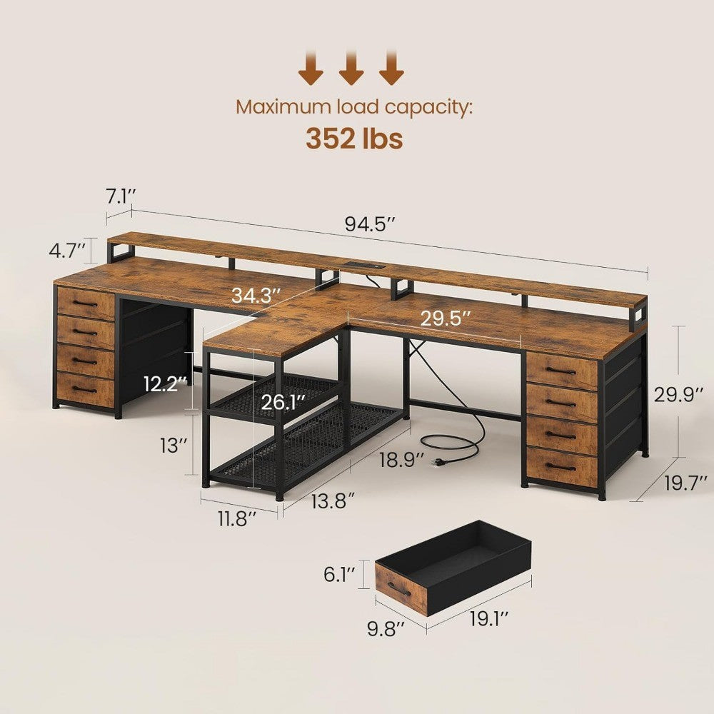 94.5" 2 Person Gaming Desk, Long Office Computer Desk with 8 Drawers & LED Lights, Two Person Desk with Storage, Power St