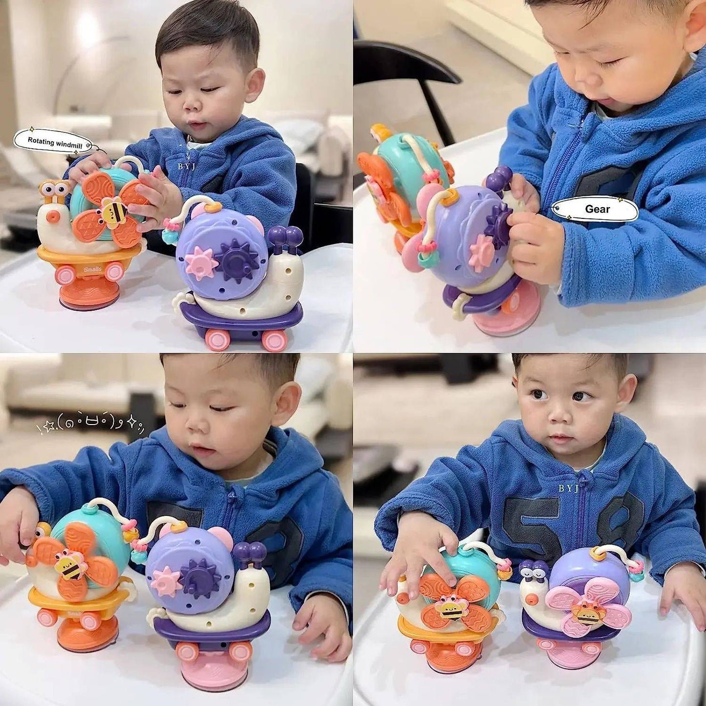 5 in 1 Baby Suction Cup Spinner for 0-12Month Snail Windmill Spinning Music Dining Table Infant Baby Fun Emotion Soothing Toy
