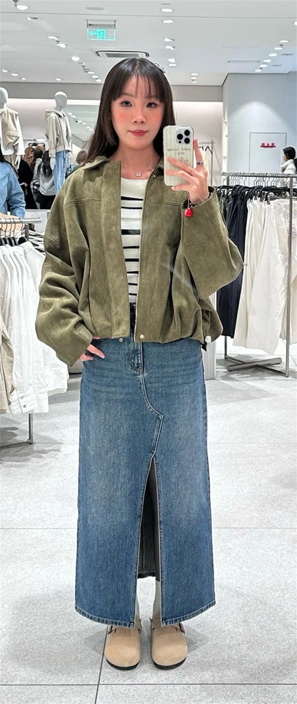 Women's Jacket Fall 2025 New Solid Color Long-Sleeved Faux Suede Loose Bomber Jacket Casual Fashion Personality Versatile