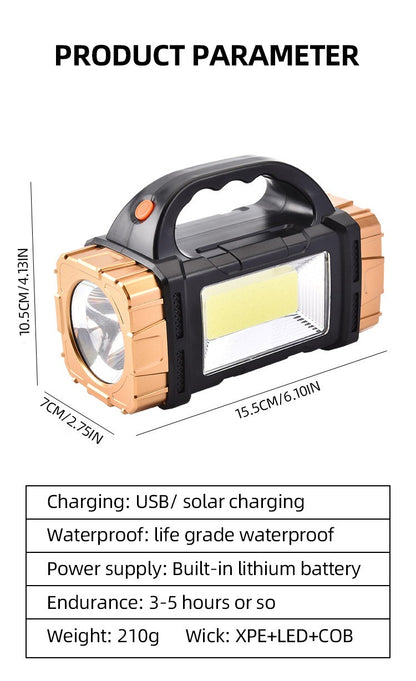 Portable Powerful Solar LED Flashlight With COB Work Lights USB Rechargeable Handheld 4 Lighting Modes Outdoor Solar Torch Light