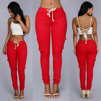 Women Slim Fit Pencil Pants Multi Pocket Drawstring Tie Waist Casual Trousers with Belt