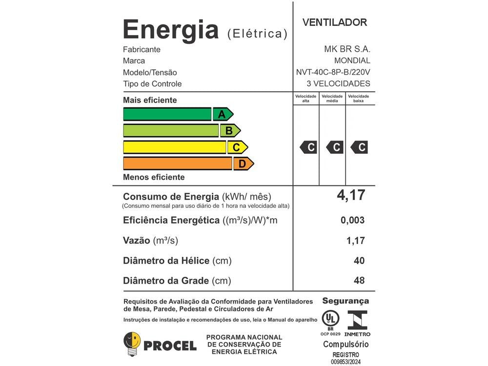 Turbo Mondial Column Fan NVT-40C-8P-B 40cm 8 Speeds 3 Speeds Black and Silver-220V