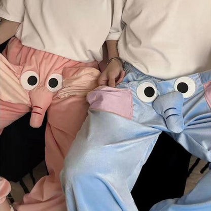 Women Men Pajama Bottoms Cartoon Elephant Pattern Pajama Pants Wide Leg Design Elastic Waistband Lounge Pants