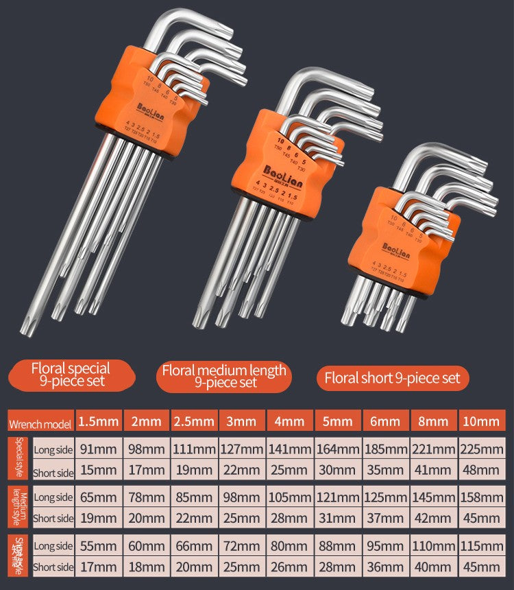Conjunto de 9 Chaves Torx Estrela, Kit de Chaves Allen, Chave Hexagonal, Chave de Boca em Flor de Ameixa, Chave de Fenda Estrela Tipo L com Ponta Dupla, Ferramenta Manual de Reparo