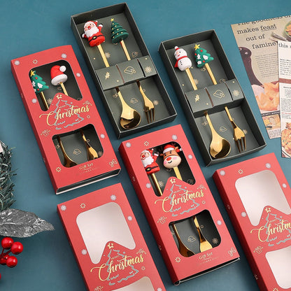 Warm Christmas Gift! Creative Santa Doll Dessert Spoon Fork 2-Piece Set Portable Tableware in Gift Box Sweet Surprise Friends