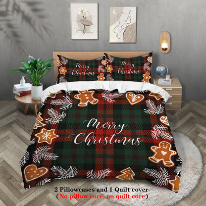 3-piece Christmas themed red checkered Christmas Happy English pattern print (1 duvet cover+2 pillowcases, no core) bedding set