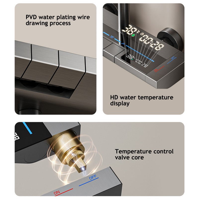 Conjunto Completo de Chuveiro de Banheiro Cinza com Display Digital Sistema de Chuveiro Conjunto Botão de Piano com Luz Ambiente Torneiras Chuveiro