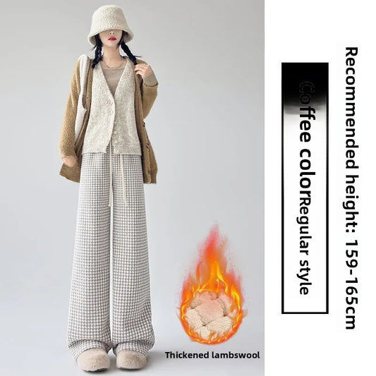 High Waist Wide Leg Pants Women's Autumn Winter New Style Lazy Casual Fleece Woolen Plaid Trousers Fashionable Comfortable