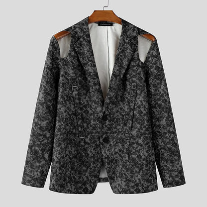 INCERUN Men Blazer Printing Hollow Out Lapel Long Sleeve Male Suit Streetwear Elegant Fashion Casual Thin Coats Men Blazer S-5XL