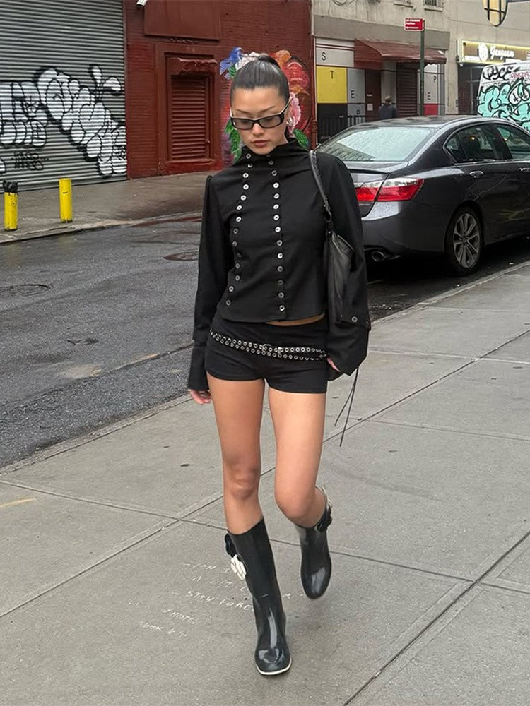 Women's Chic Buttons Cropped Shirt High Neck Solid Y2K Style Slim Fit Tops Grunge Streetwear Vintage Punk Fashion Causal Blouses