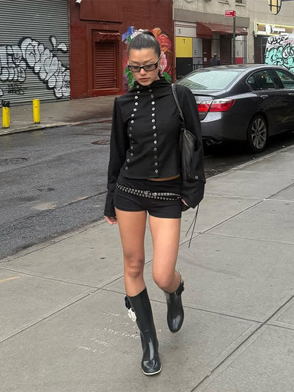 Women's Chic Buttons Cropped Shirt High Neck Solid Y2K Style Slim Fit Tops Grunge Streetwear Vintage Punk Fashion Causal Blouses