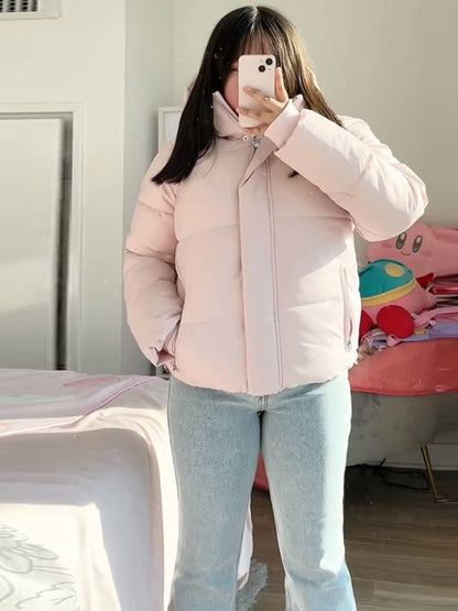 Pink Women's Jacket With Hat Zipper Pockets Inner Faux Fur Solid Female Jackets 2025 Autumn Winter Fashion Chic Lady Outwears