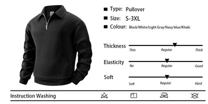 Autumn Men's Casual Sweatshirt Quarter Zip Solid Color Pullover Sweater Outdoor Daily Long Sleeve Polo Turtleneck Male Tops