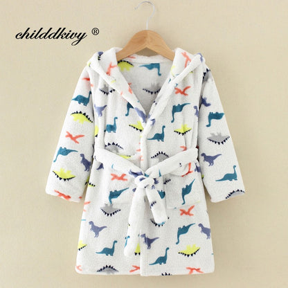 Boy and Girls Flannel Pajamas Robe Autumn and Winter Children Sleepwear Soft Hooded Kids Homewear 2-8 Years