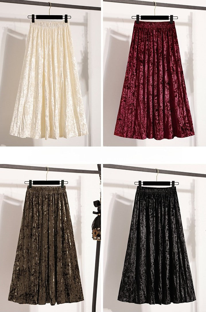 Autumn Winter Girls New A-line Velvet Skirt 2025 Plus Size Gold Velvet Half Pleated Skirt Solid Versatile High Waist Mid Skirt