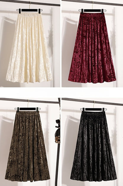 Autumn Winter Girls New A-line Velvet Skirt 2025 Plus Size Gold Velvet Half Pleated Skirt Solid Versatile High Waist Mid Skirt