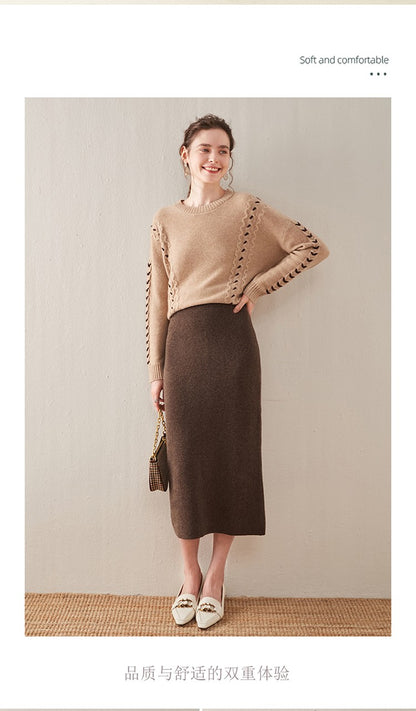100% pure wool skirt new women's autumn and winter mid-length high-waisted thin cashmere skirt knitted all-match hip skirt