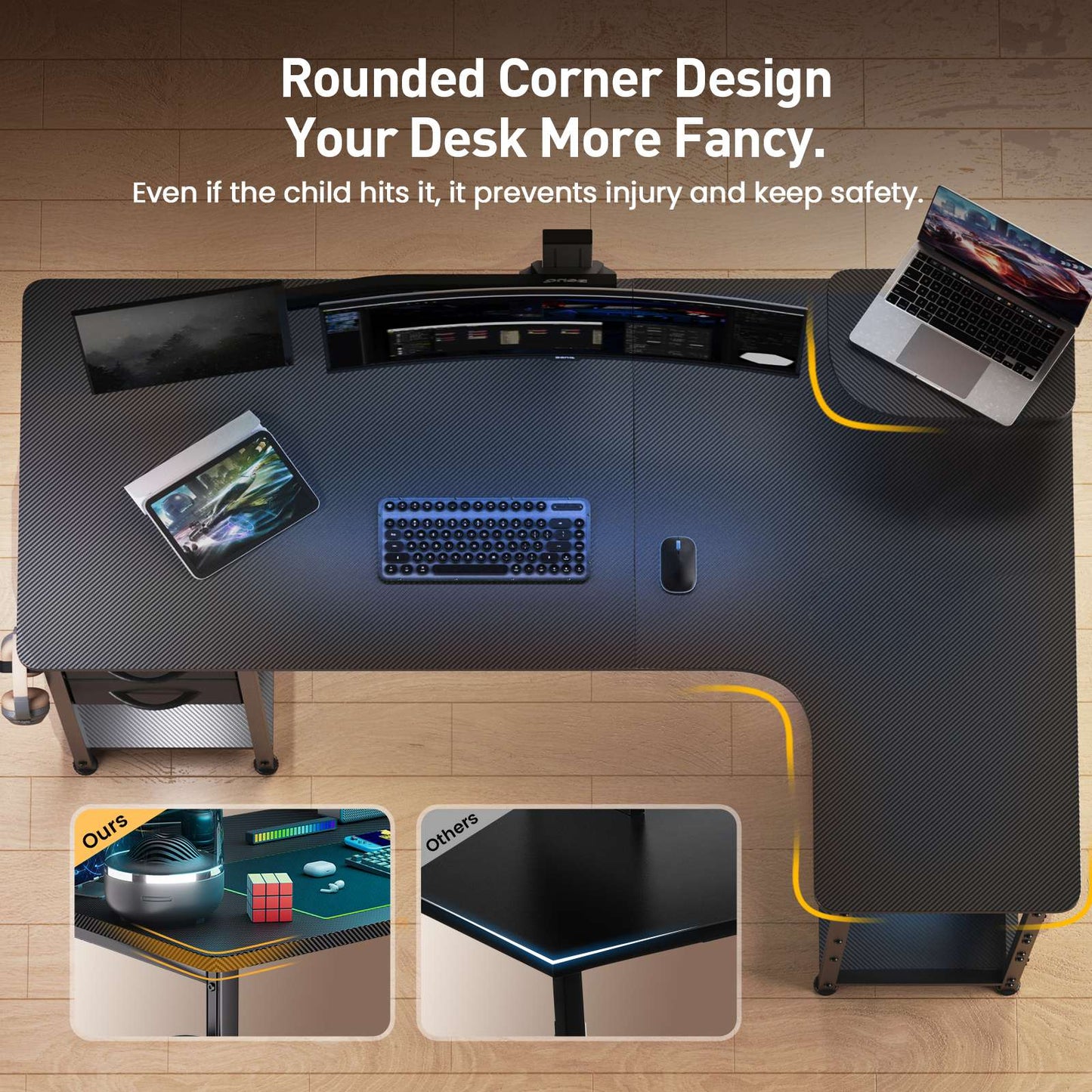Mesa Gamer em L com Gavetas, Mesa de Computador em Fibra de Carbono com Suporte para Monitor, Mesa Gamer para Escritório Doméstico