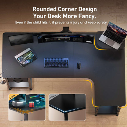 Mesa Gamer em L com Gavetas, Mesa de Computador em Fibra de Carbono com Suporte para Monitor, Mesa Gamer para Escritório Doméstico