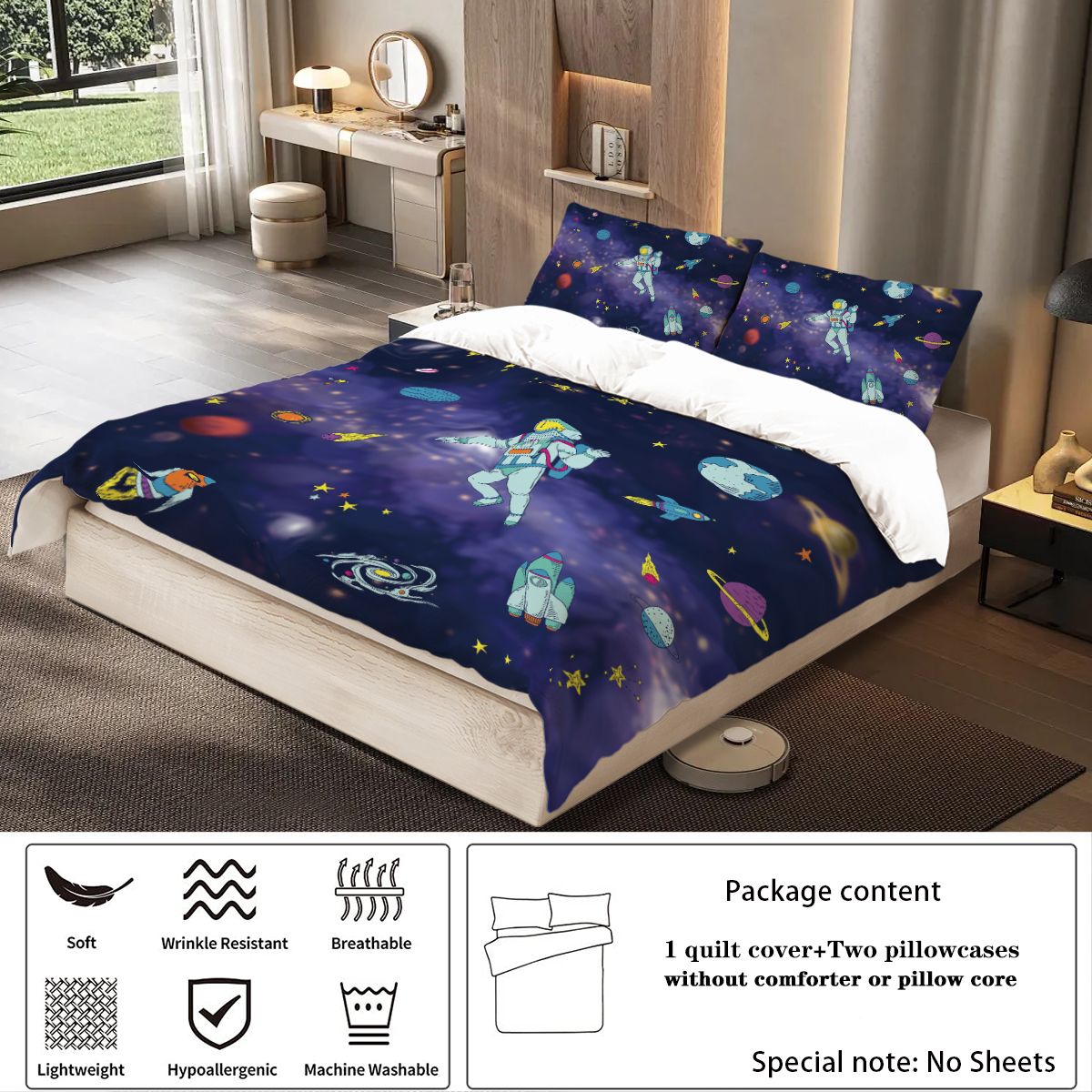 3-piece Starry Sky, Space Planet, Astronaut Pattern Print (1 duvet cover+2 pillowcases, no core) Comfortable Bedding Set