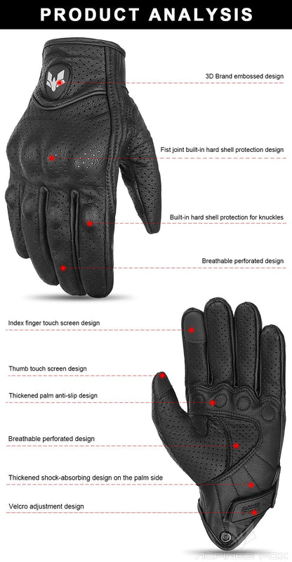 Luvas de Couro Perfurado Retrô de Verão para Motocicleta Masculino Feminino Luvas de Dedo Completo para Motocross Motoqueiro Guantes Moto Equipamento M-XXL