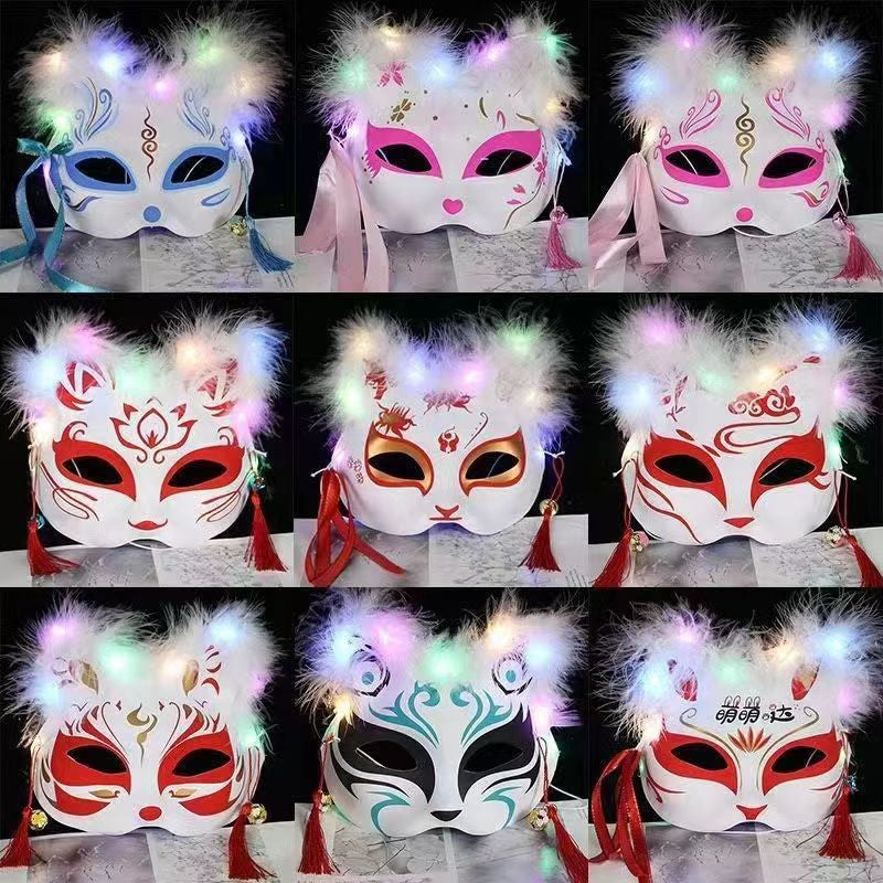 6pcs Led Cat Masks Halloween Decorations Glowing Furry Fox Masquerade Masks Diy Painted Light Up Performance Party Cosplay Masks