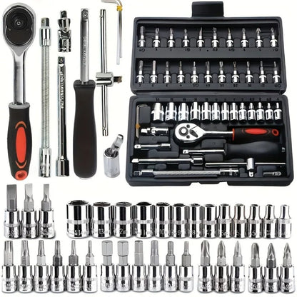 Jogo de Chaves Catraca Soquete 46 Peças para Motocicleta Encaixe 1/4 Pol. Kit Completo de Reparo Automotivo para Manutenção de Carros e Bicicletas da Amagi
