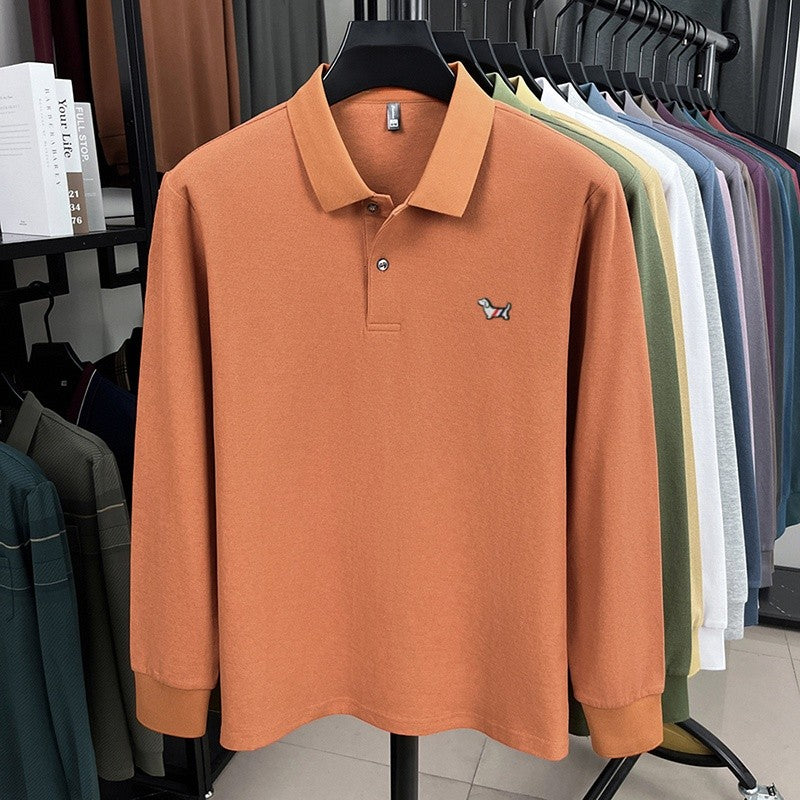 100% pure cotton spring and autumn fashionable men's collar striped long sleeved polo shirt with micro seal dog embossed design