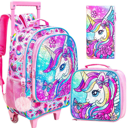Mochila de Rodinhas de Unicórnio 3 Peças para Meninas, Mochilas Escolares Infantis com Rodas, Mochila de Rodinhas com Lancheira para Pré-Escolares e Ensino Fundamental