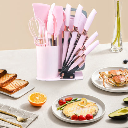 MDHAND Kit de Utensílios de Cozinha de Silicone Resistente ao Calor com 20 Peças, com Cabos de Madeira, Facas, Colher de Sopa com Tesouras, Cozinhe Sem Complicações