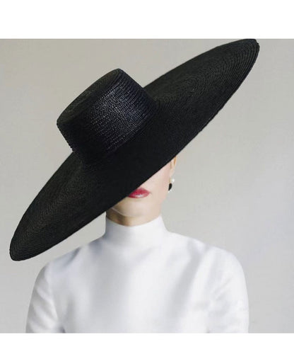 Chapéu de Palha Preto de Aba Larga 18cm, Topo Reto, Novo 2022 Primavera Verão, Chapéus de Palha para Mulheres, Elegante, Retrô Francês, Chapéu de Sol, Chapéu de Designer