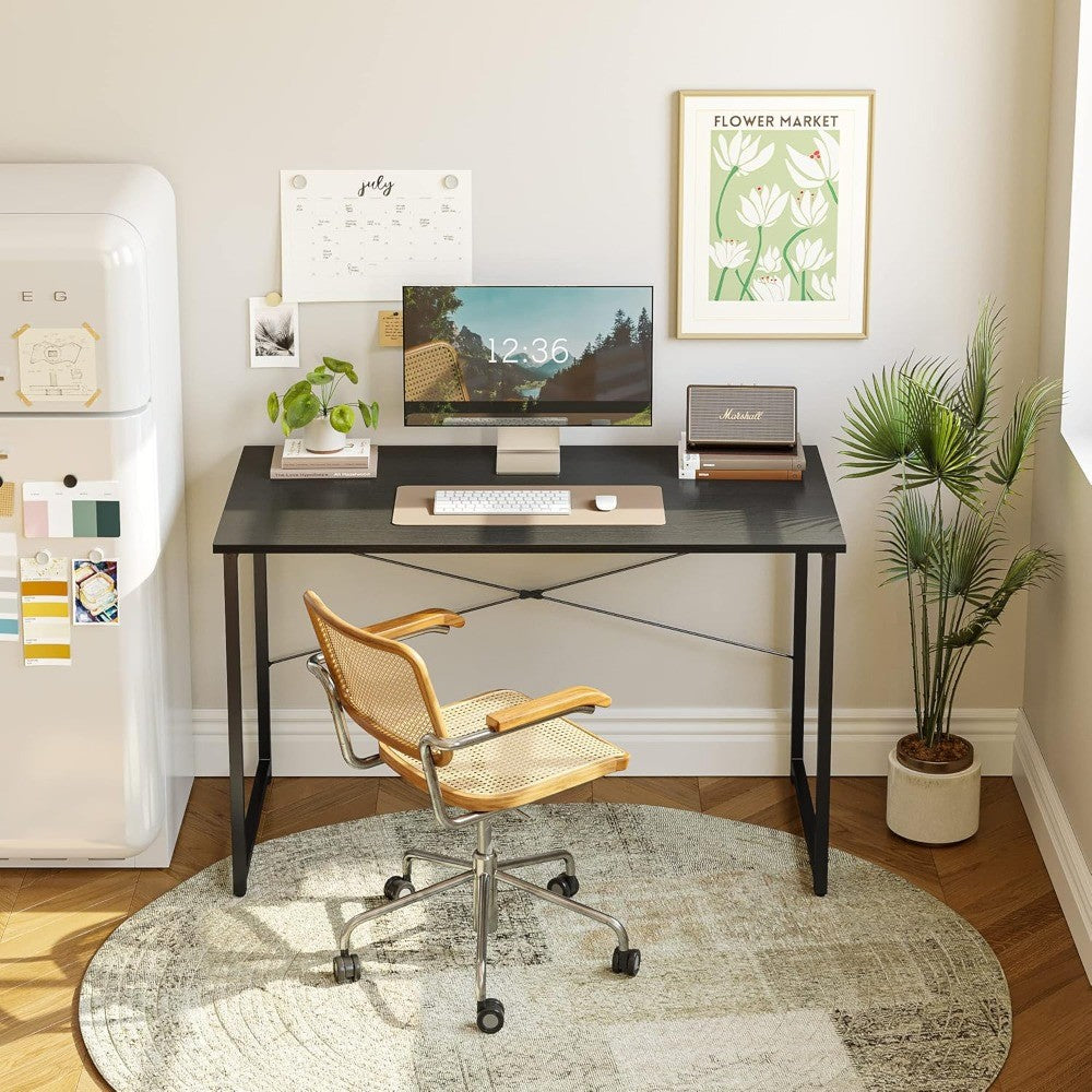 Contemporary Home Office Writing Desk, 40-inch Study Table with Sleek Black Metal Frame