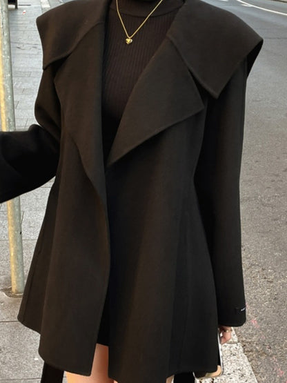 Winter Woolen Coat Women Chic Navy Collar Belted Waist Cinched Midi Length Tweed Trendy Korean Sle Commute Long Sve