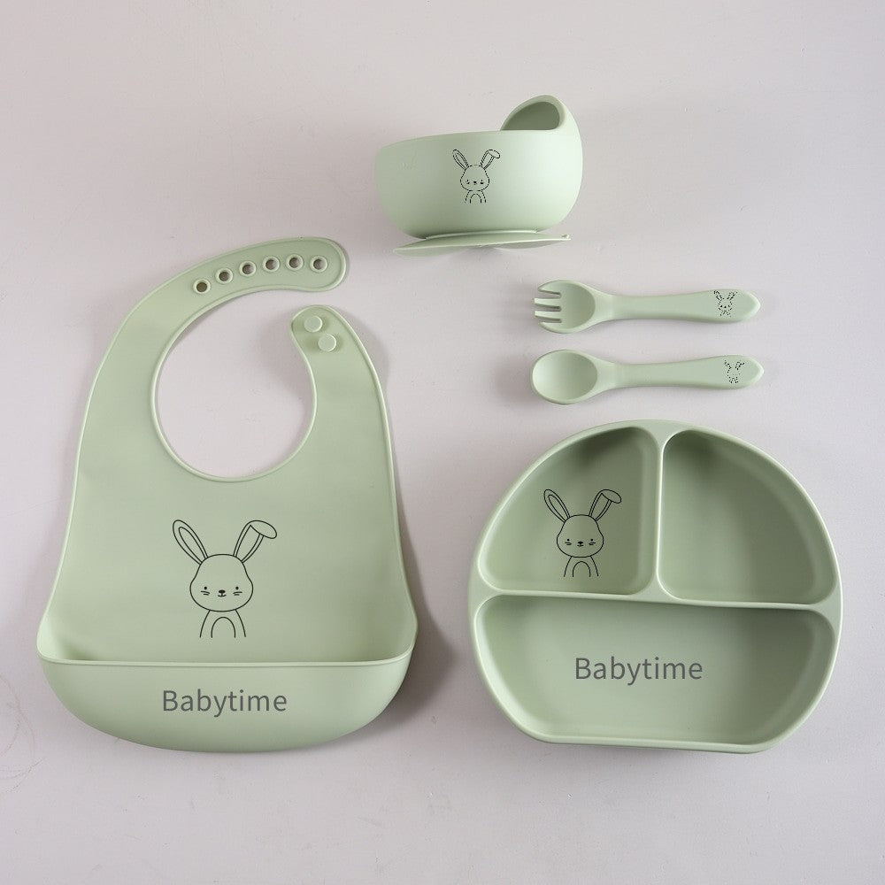 5pcs Bunny Baby Utensils Set, Food Grade Silicone Weaning Set with Bib, Suction Plate, Bowl, Spoon & Fork gift set