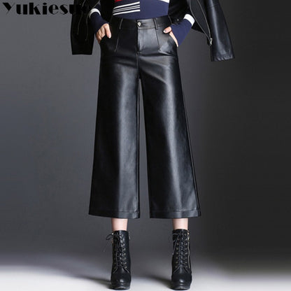 Pu wide leg pants capri women 2022 winter autumn high waist straight leather pants female trousers clothe pantalon femme