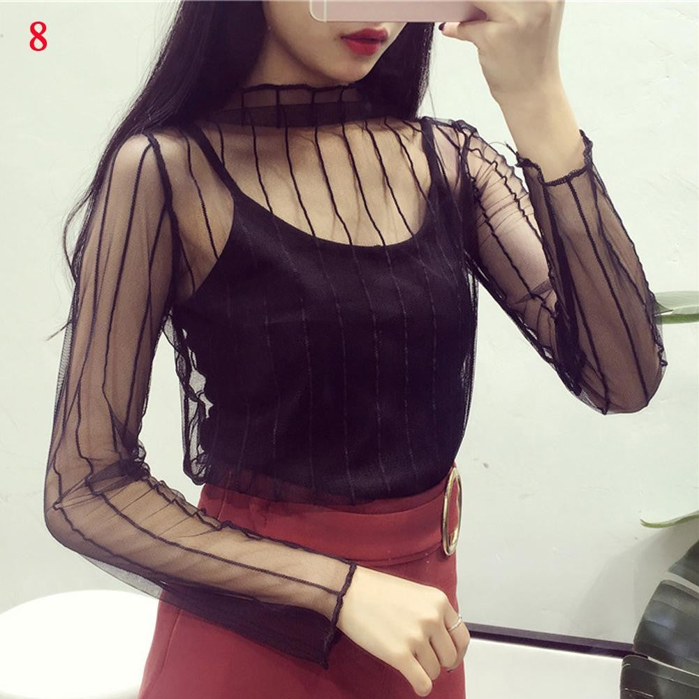 Lace Sheer Women‘s T-Shirt Fashion Mesh Summer Thin Bottom Shirt Transparent Long Sleeve Blouses Ladies Tops High Neck Tee Soli