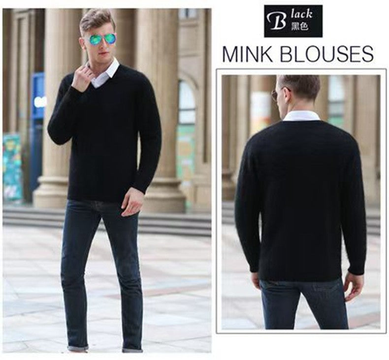 Autumn And Winter New Warm Pure Mink Cashmere Sweater Men's V-neck Pullover Thickened Plus Size Knitted Bottoming Shirt