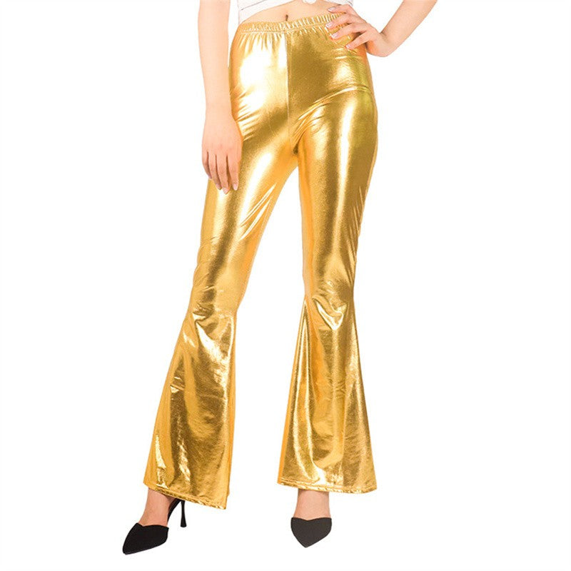 Women Shiny Flare Trousers Laser Metallic Wetlook Ruffle Wide Leg Pants Retro 70s Disco Hippie Club Trousers Skinny Bell Bottoms