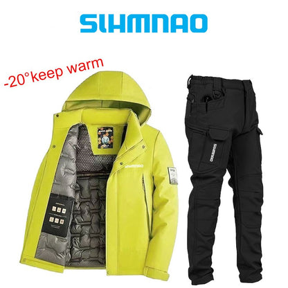 Conjunto de Terno de Pesca Masculino de Inverno 2025, Novo, Quente, Jaqueta Grossa Corta-Vento para Atividades ao Ar Livre, Calças de Algodão Quentes Resistentes ao Frio e à Neve