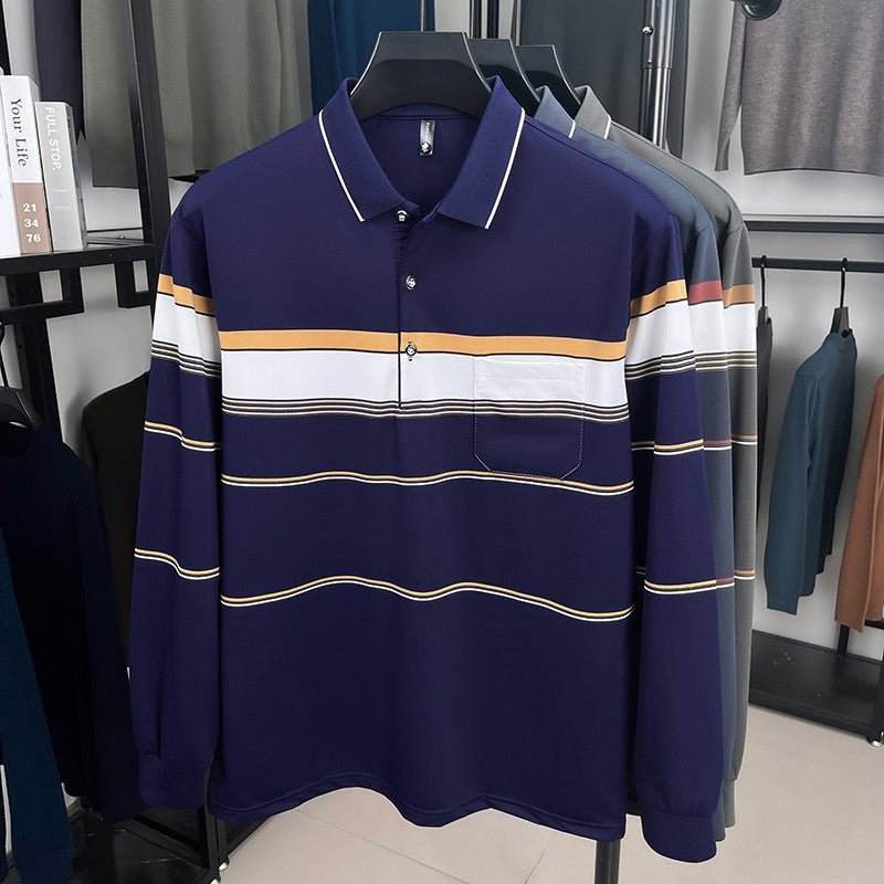 High quality stripe men's long sleeve polo shirt fashion luxury pocket middle-aged business casual color blocked comfort T-shirt