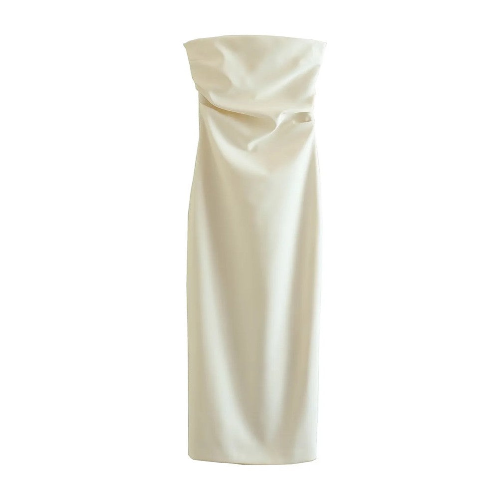 TRZA Women Fashion Strapless Gathered Midi Dress Sexy Straight Neck Back Slit Fe