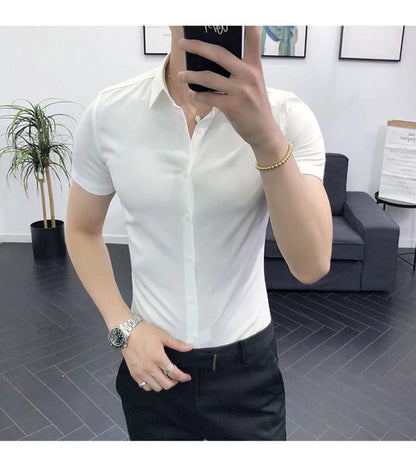 Korean Fashion Trend Casual Elastic Design Sense Short Sleeve Shirt Men's Solid Lapel Collar Button Breathable Simple Slim Tops