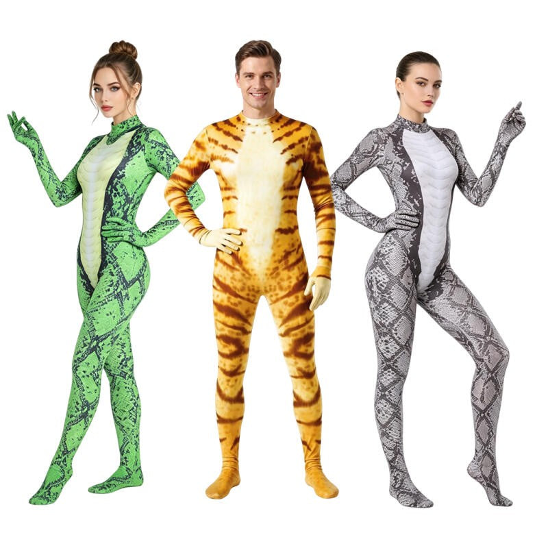 Animal Print Zentai Bodysuit Snake Tiger Pattern Long Sleeve Footed Full Body Jumpsuit Men Women Cosplay Costume For Halloween
