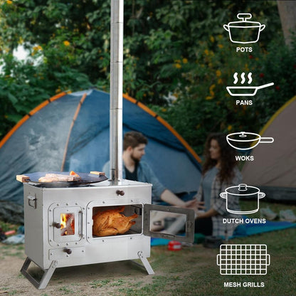 Fogão Multifuncional a Lenha para Acampamento Queimador Externo Portátil com Forno Barraca Fogão Caminhada Piquenique Churrasco Assar Aquecimento Pizza