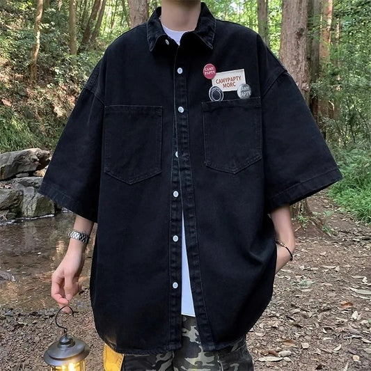 Retro Japanese Style Pocket Badge Denim Short Sleeve Casual Shirt Men's Loose Collar Jacket Trendy Summer Clothing