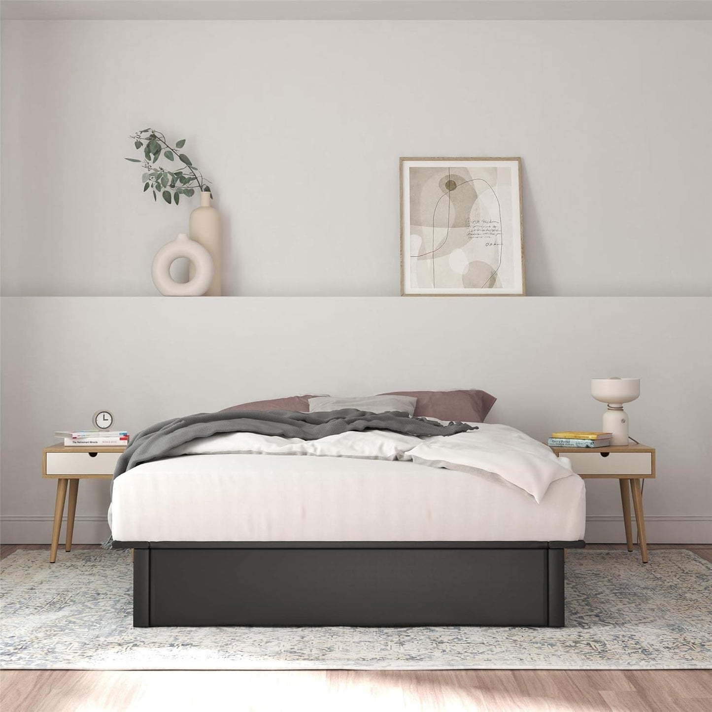 Cama de Plataforma Estofada com 28 cm de Altura para Suporte Elevado de Colchão, Não Necessita de Box Spring, Queen, Couro Sintético Preto