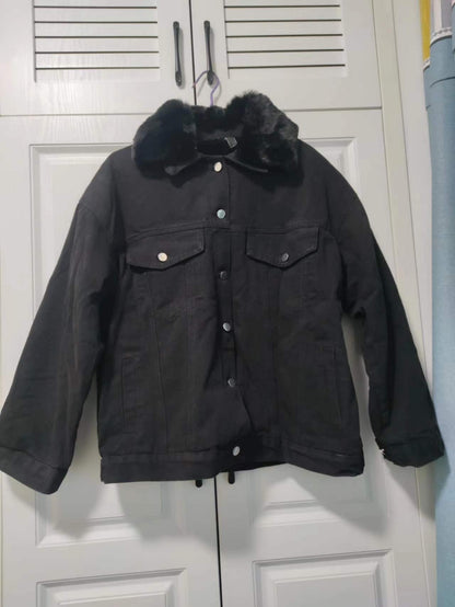 Winter Women Warm Basic Coat Big Fur Collar Denim Jacket Female Cold Motorcycle Jackets Outerwear Fleece Thick Casual Overcoat