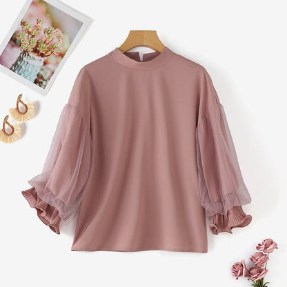 ZANZEA Women Elegant Party Blouse Chic Mesh Ruffle 3/4 Sleeve Tops 2025 Autumn Designer Stand Collar Shirts Korean Loose Tunics